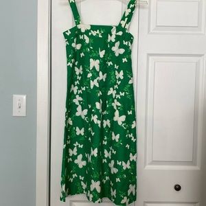 Retro green and white butterfly print sheath/slight a-line dress